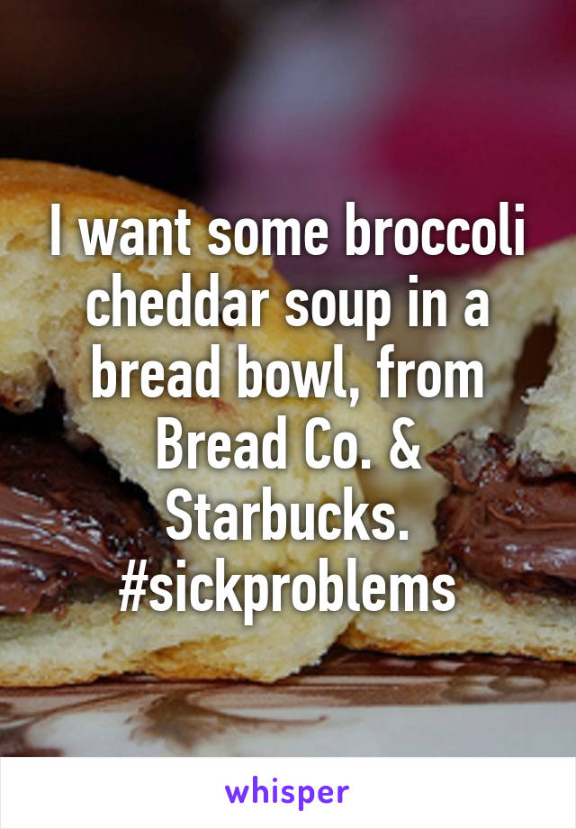 I want some broccoli cheddar soup in a bread bowl, from Bread Co. & Starbucks. #sickproblems