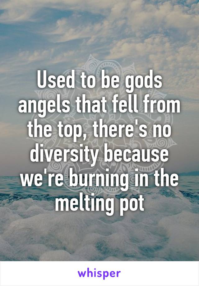 Used to be gods angels that fell from the top, there's no diversity because we're burning in the melting pot