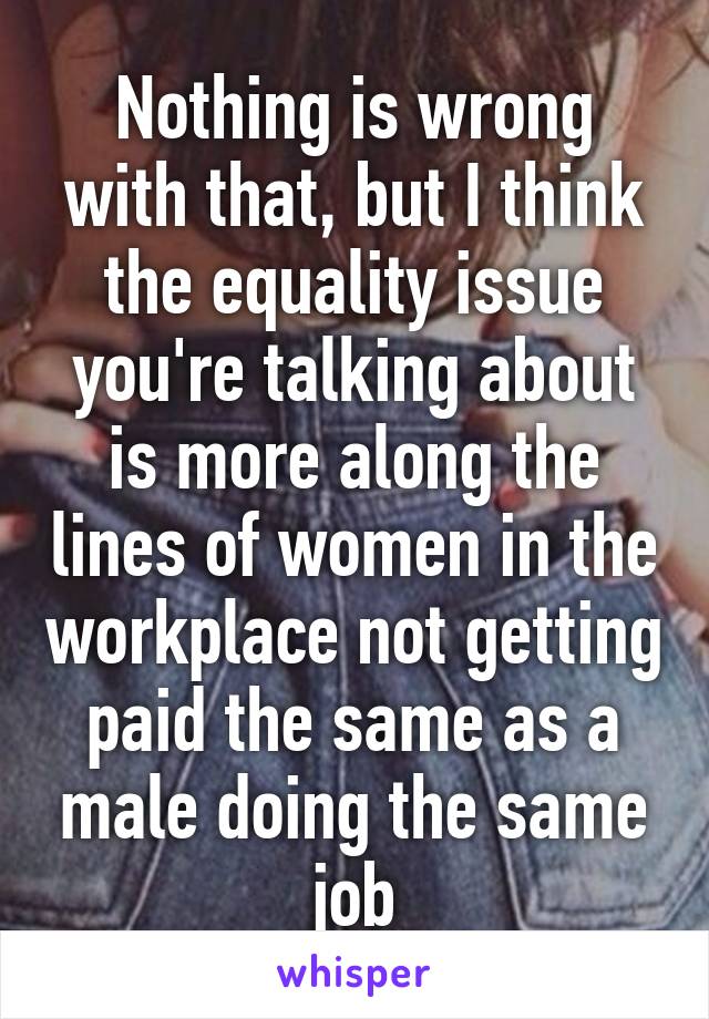 Nothing is wrong with that, but I think the equality issue you're talking about is more along the lines of women in the workplace not getting paid the same as a male doing the same job