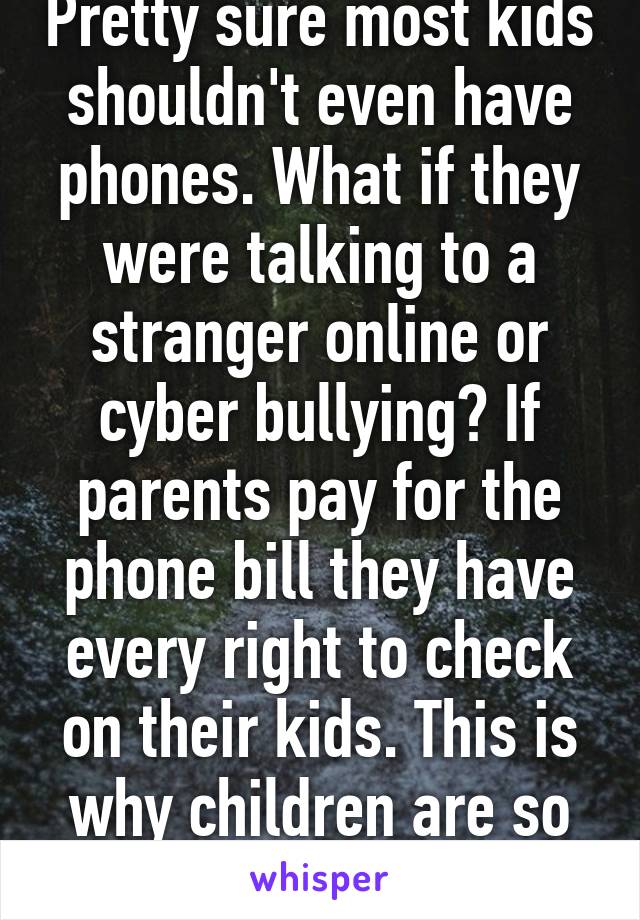 Pretty sure most kids shouldn't even have phones. What if they were talking to a stranger online or cyber bullying? If parents pay for the phone bill they have every right to check on their kids. This is why children are so entitled now