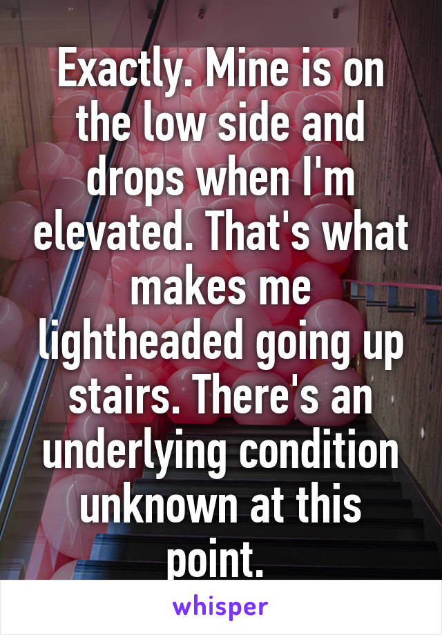 Exactly. Mine is on the low side and drops when I'm elevated. That's what makes me lightheaded going up stairs. There's an underlying condition unknown at this point. 