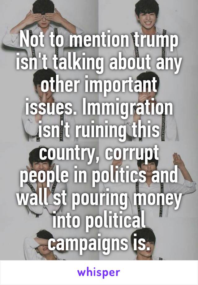 Not to mention trump isn't talking about any other important issues. Immigration isn't ruining this country, corrupt people in politics and wall st pouring money into political campaigns is.