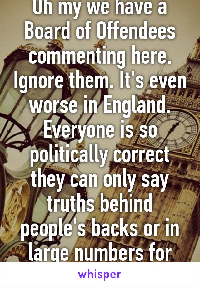 Oh my we have a Board of Offendees commenting here. Ignore them. It's even worse in England. Everyone is so politically correct they can only say truths behind people's backs or in large numbers for moral support.