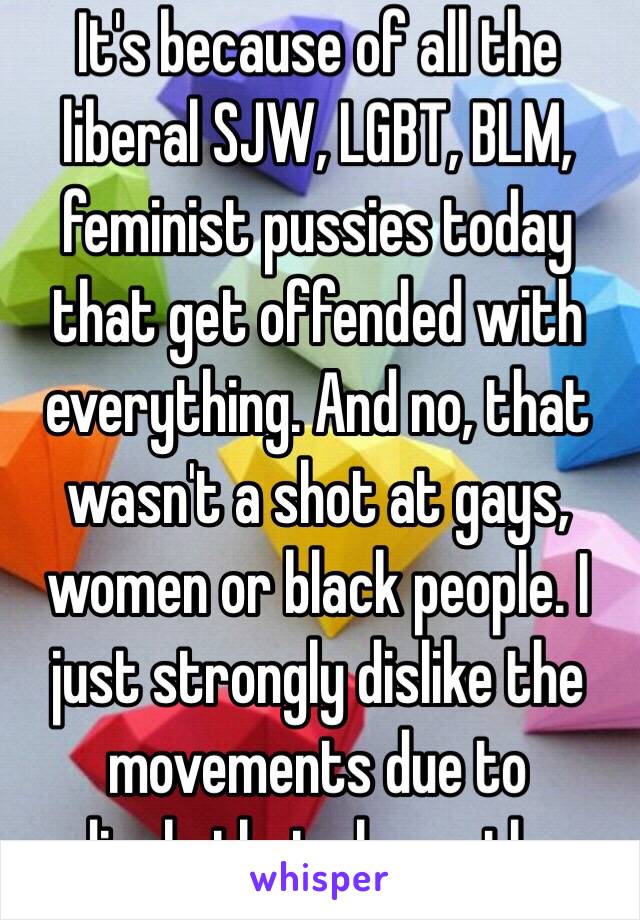 It's because of all the liberal SJW, LGBT, BLM, feminist pussies today that get offended with everything. And no, that wasn't a shot at gays, women or black people. I just strongly dislike the movements due to radicals that plague them. 