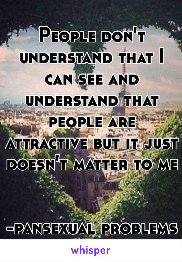 People don't understand that I can see and understand that people are attractive but it just doesn't matter to me


-pansexual problems