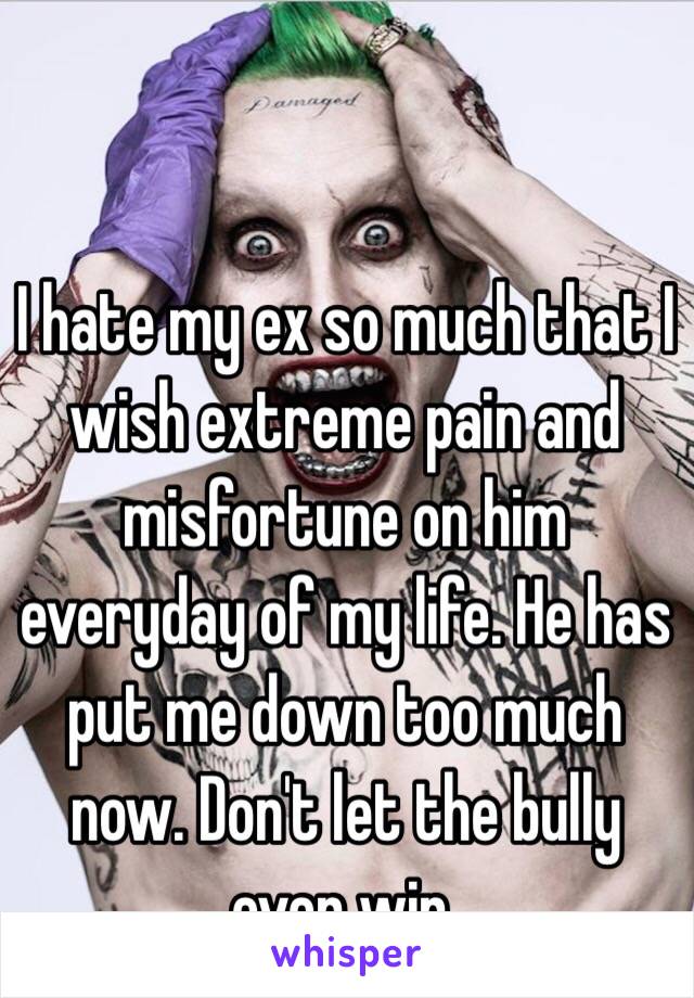 I hate my ex so much that I wish extreme pain and misfortune on him everyday of my life. He has put me down too much now. Don't let the bully ever win.