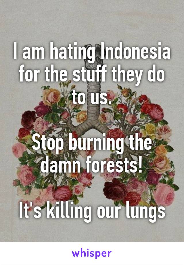 I am hating Indonesia for the stuff they do to us.

Stop burning the damn forests!

It's killing our lungs