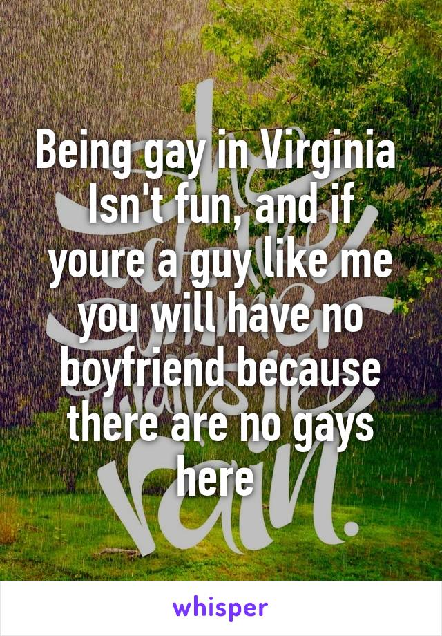 Being gay in Virginia 
Isn't fun, and if youre a guy like me you will have no boyfriend because there are no gays here 