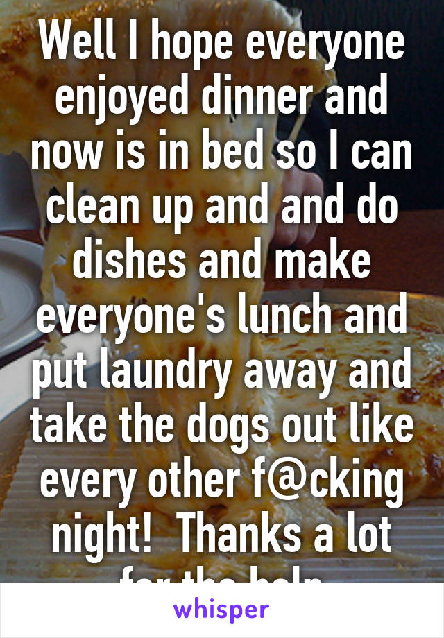 Well I hope everyone enjoyed dinner and now is in bed so I can clean up and and do dishes and make everyone's lunch and put laundry away and take the dogs out like every other f@cking night!  Thanks a lot for the help