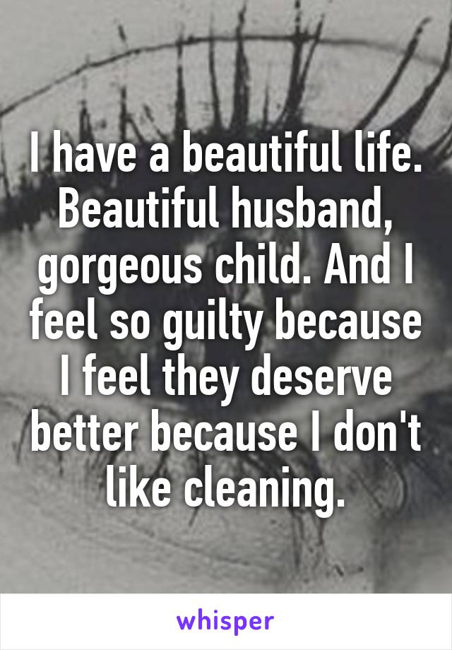 I have a beautiful life. Beautiful husband, gorgeous child. And I feel so guilty because I feel they deserve better because I don't like cleaning.