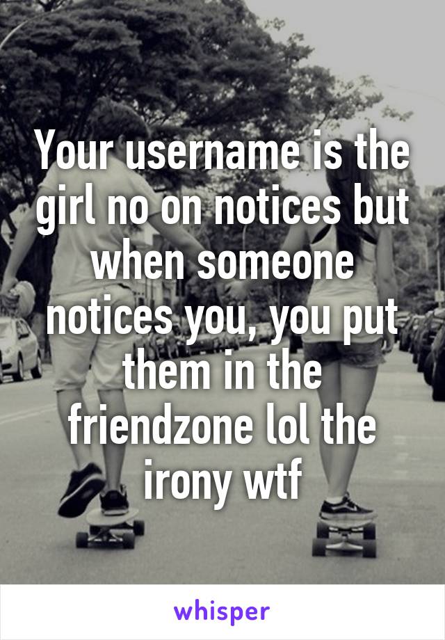 Your username is the girl no on notices but when someone notices you, you put them in the friendzone lol the irony wtf