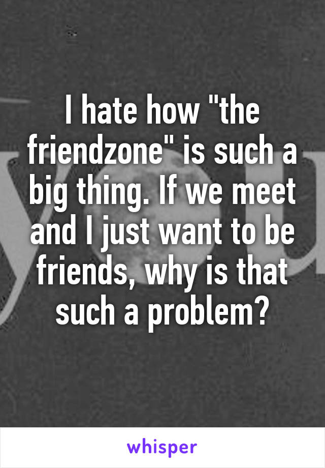 I hate how "the friendzone" is such a big thing. If we meet and I just want to be friends, why is that such a problem?
