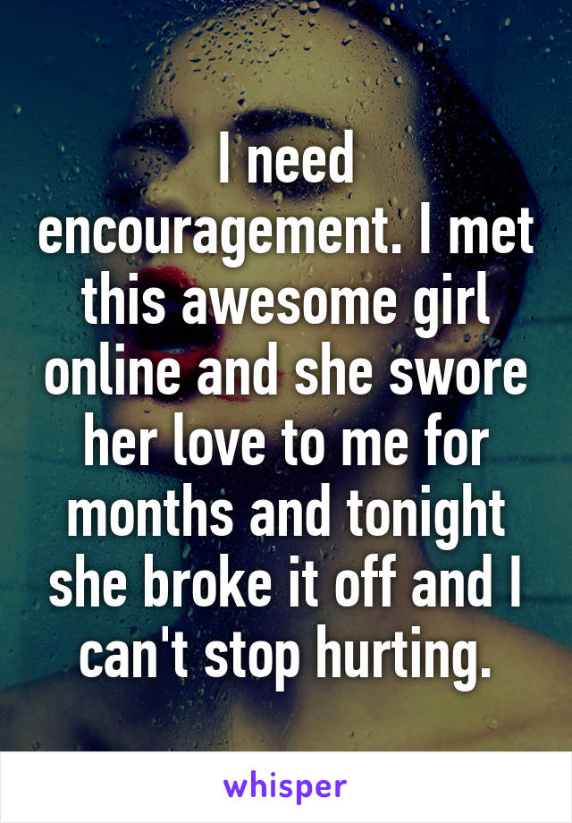 I need encouragement. I met this awesome girl online and she swore her love to me for months and tonight she broke it off and I can't stop hurting.