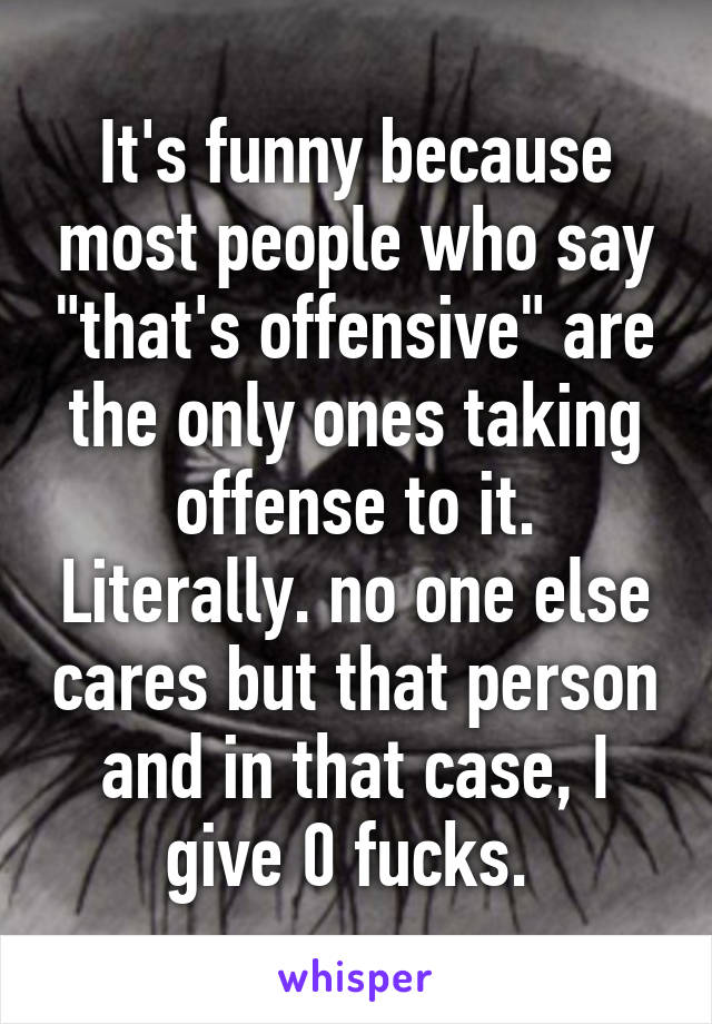 It's funny because most people who say "that's offensive" are the only ones taking offense to it. Literally. no one else cares but that person and in that case, I give 0 fucks. 