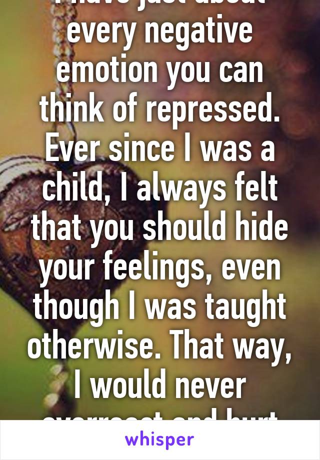 I have just about every negative emotion you can think of repressed. Ever since I was a child, I always felt that you should hide your feelings, even though I was taught otherwise. That way, I would never overreact and hurt feelings.