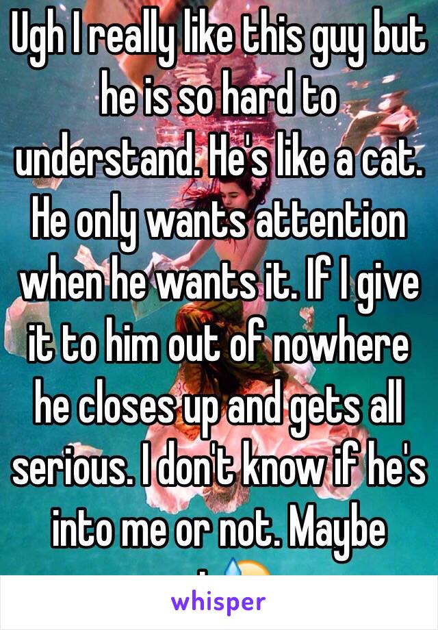 Ugh I really like this guy but he is so hard to understand. He's like a cat. He only wants attention when he wants it. If I give it to him out of nowhere he closes up and gets all serious. I don't know if he's into me or not. Maybe not😓