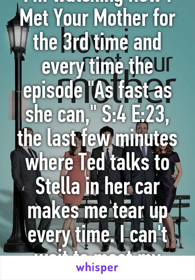 I'm watching How I Met Your Mother for the 3rd time and every time the episode "As fast as she can," S:4 E:23, the last few minutes where Ted talks to Stella in her car makes me tear up every time. I can't wait to meet my woman.