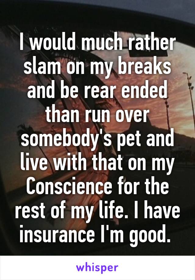 I would much rather slam on my breaks and be rear ended than run over somebody's pet and live with that on my Conscience for the rest of my life. I have insurance I'm good. 