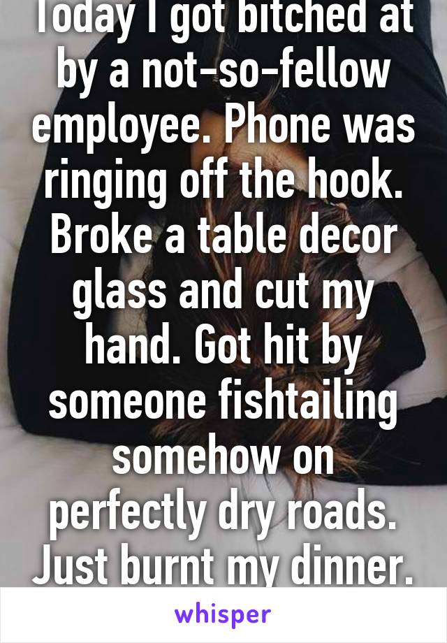 Today I got bitched at by a not-so-fellow employee. Phone was ringing off the hook. Broke a table decor glass and cut my hand. Got hit by someone fishtailing somehow on perfectly dry roads. Just burnt my dinner. Ok, time for bed.