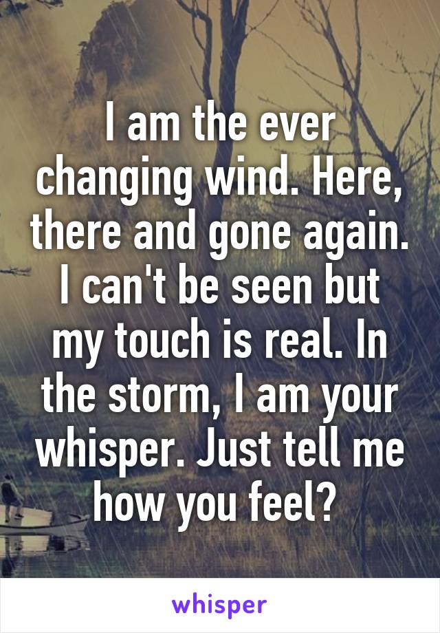 I am the ever changing wind. Here, there and gone again. I can't be seen but my touch is real. In the storm, I am your whisper. Just tell me how you feel? 