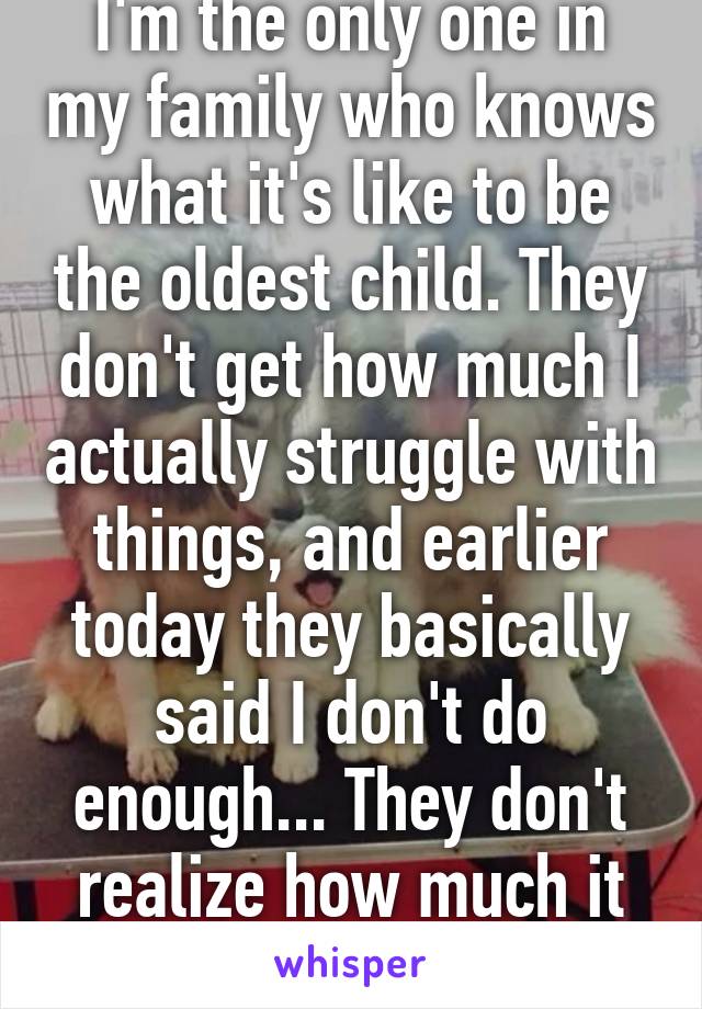 I'm the only one in my family who knows what it's like to be the oldest child. They don't get how much I actually struggle with things, and earlier today they basically said I don't do enough... They don't realize how much it hurt.