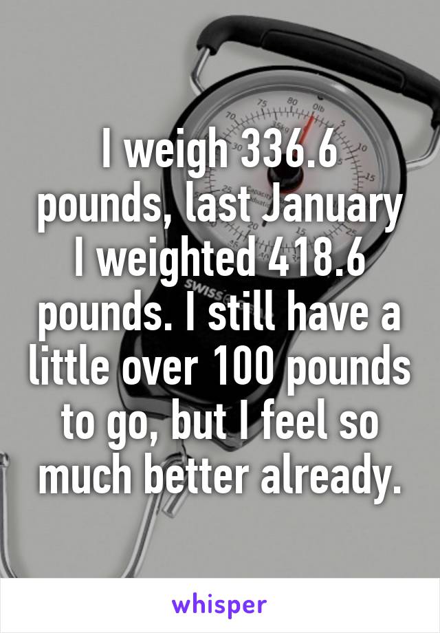 I weigh 336.6 pounds, last January I weighted 418.6 pounds. I still have a little over 100 pounds to go, but I feel so much better already.