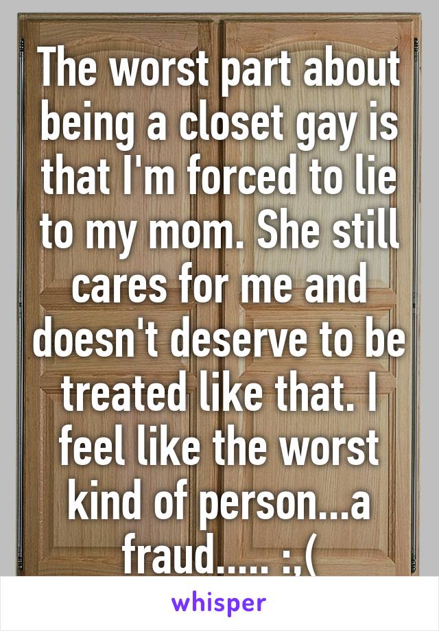 The worst part about being a closet gay is that I'm forced to lie to my mom. She still cares for me and doesn't deserve to be treated like that. I feel like the worst kind of person...a fraud..... :,(