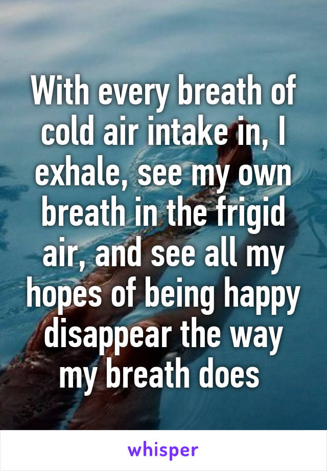 With every breath of cold air intake in, I exhale, see my own breath in the frigid air, and see all my hopes of being happy disappear the way my breath does 