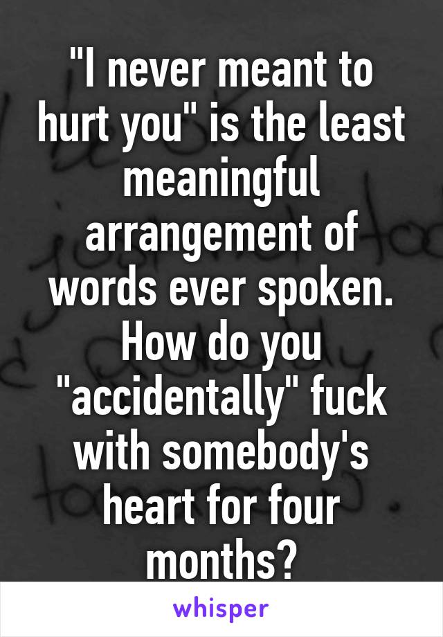 "I never meant to hurt you" is the least meaningful arrangement of words ever spoken. How do you "accidentally" fuck with somebody's heart for four months?