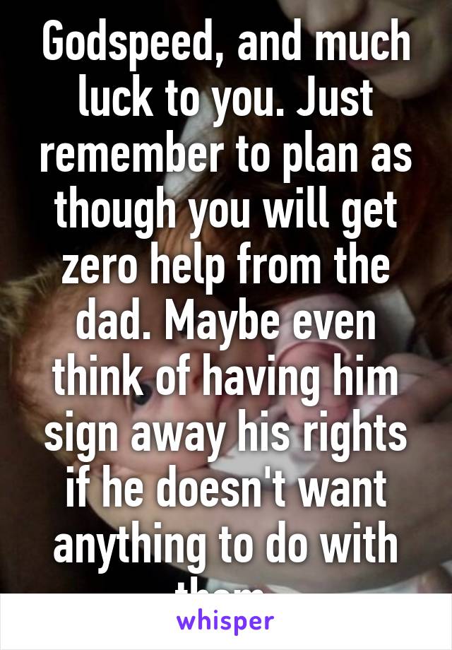 Godspeed, and much luck to you. Just remember to plan as though you will get zero help from the dad. Maybe even think of having him sign away his rights if he doesn't want anything to do with them.