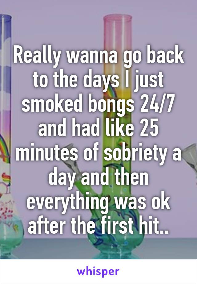 Really wanna go back to the days I just smoked bongs 24/7 and had like 25 minutes of sobriety a day and then everything was ok after the first hit..