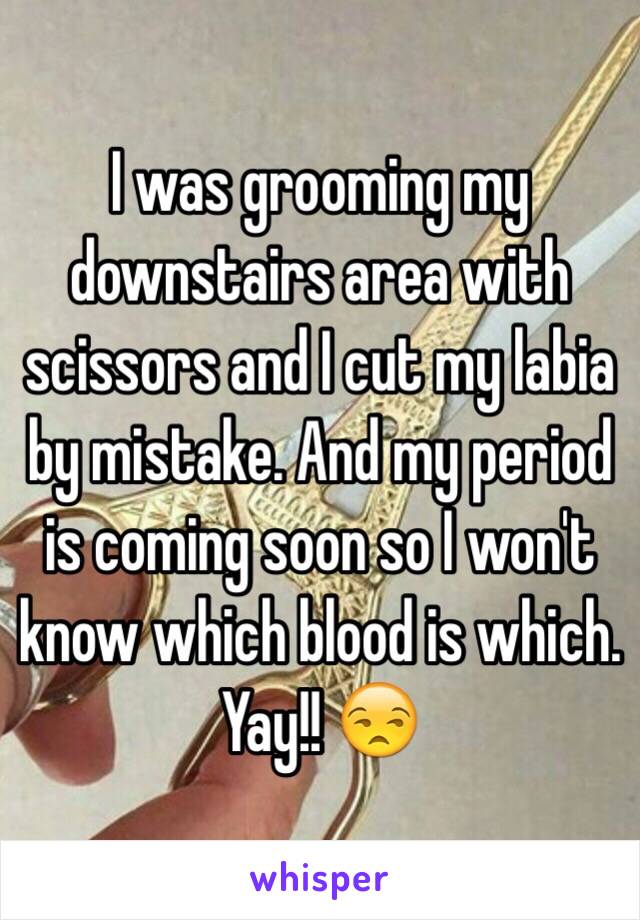 I was grooming my downstairs area with scissors and I cut my labia by mistake. And my period is coming soon so I won't know which blood is which. Yay!! 😒