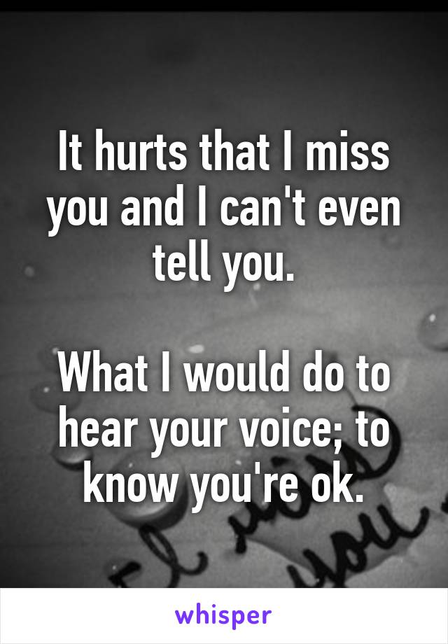 It hurts that I miss you and I can't even tell you.

What I would do to hear your voice; to know you're ok.