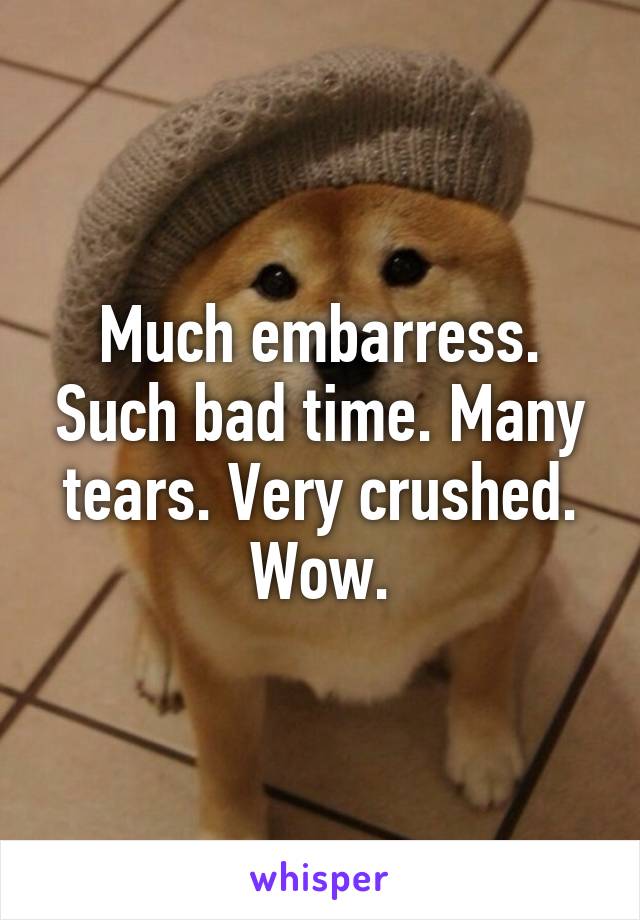 Much embarress. Such bad time. Many tears. Very crushed. Wow.