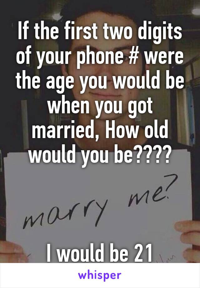 If the first two digits of your phone # were the age you would be when you got married, How old would you be????



I would be 21