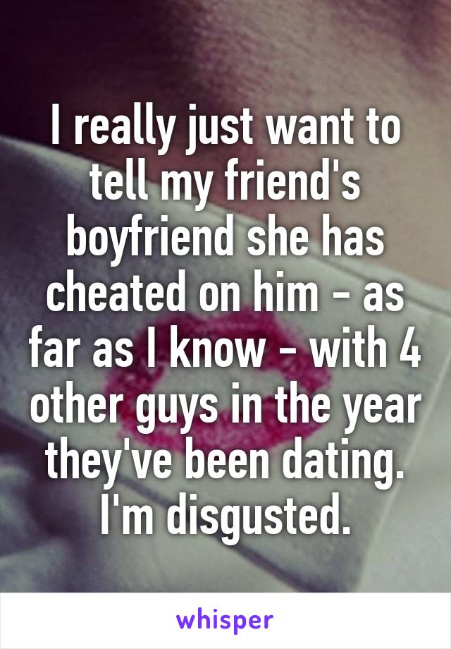 I really just want to tell my friend's boyfriend she has cheated on him - as far as I know - with 4 other guys in the year they've been dating. I'm disgusted.