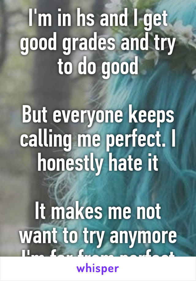 I'm in hs and I get good grades and try to do good

But everyone keeps calling me perfect. I honestly hate it

It makes me not want to try anymore
I'm far from perfect