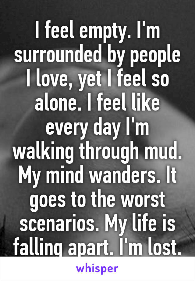 I feel empty. I'm surrounded by people I love, yet I feel so alone. I feel like every day I'm walking through mud. My mind wanders. It goes to the worst scenarios. My life is falling apart. I'm lost.