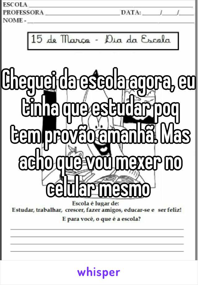 Cheguei da escola agora, eu tinha que estudar poq tem provão amanhã. Mas acho que vou mexer no celular mesmo 