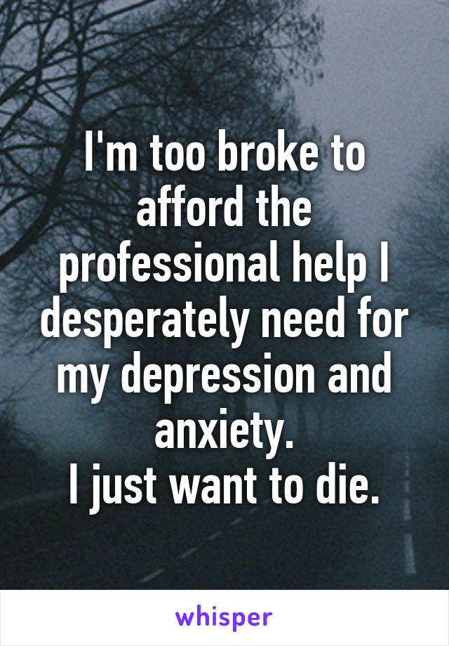 I'm too broke to afford the professional help I desperately need for my depression and anxiety.
I just want to die.