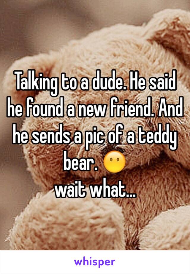 Talking to a dude. He said he found a new friend. And he sends a pic of a teddy bear. 😶 
wait what...