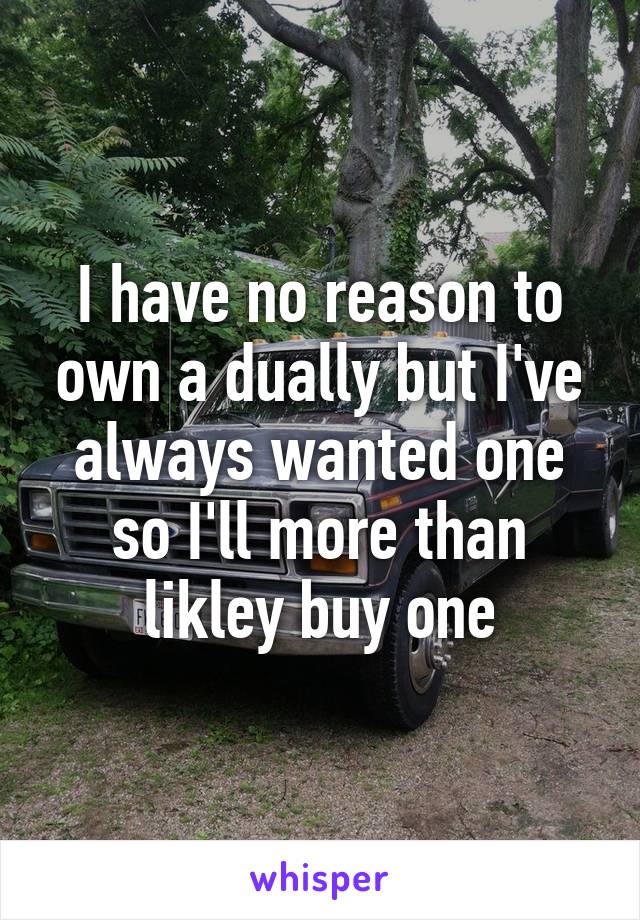 I have no reason to own a dually but I've always wanted one so I'll more than likley buy one