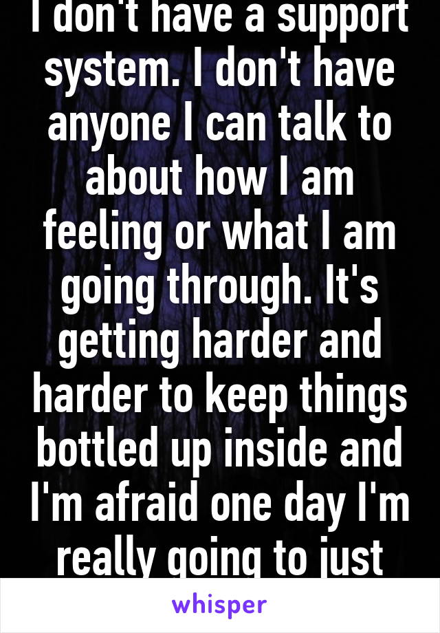 I don't have a support system. I don't have anyone I can talk to about how I am feeling or what I am going through. It's getting harder and harder to keep things bottled up inside and I'm afraid one day I'm really going to just end it all. 