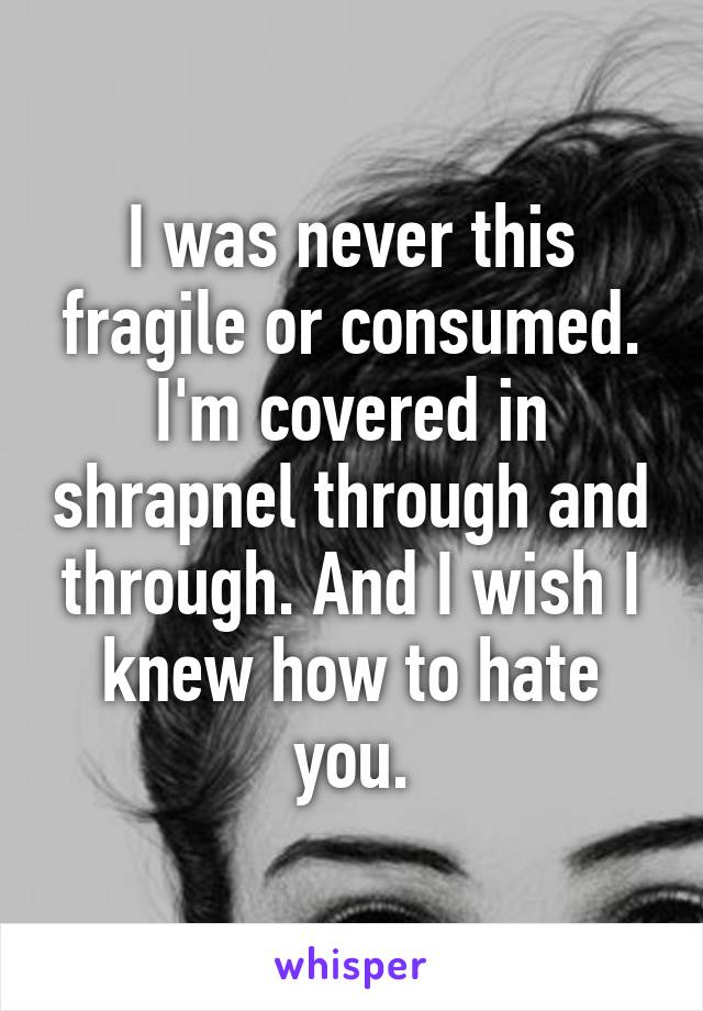 I was never this fragile or consumed. I'm covered in shrapnel through and through. And I wish I knew how to hate you.