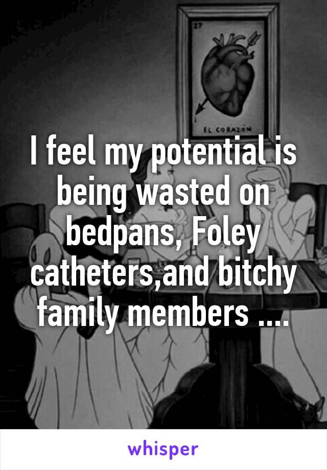 I feel my potential is being wasted on bedpans, Foley catheters,and bitchy family members ....