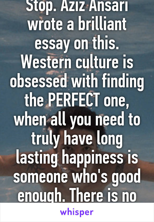 Stop. Aziz Ansari wrote a brilliant essay on this. Western culture is obsessed with finding the PERFECT one, when all you need to truly have long lasting happiness is someone who's good enough. There is no "perfect" one.