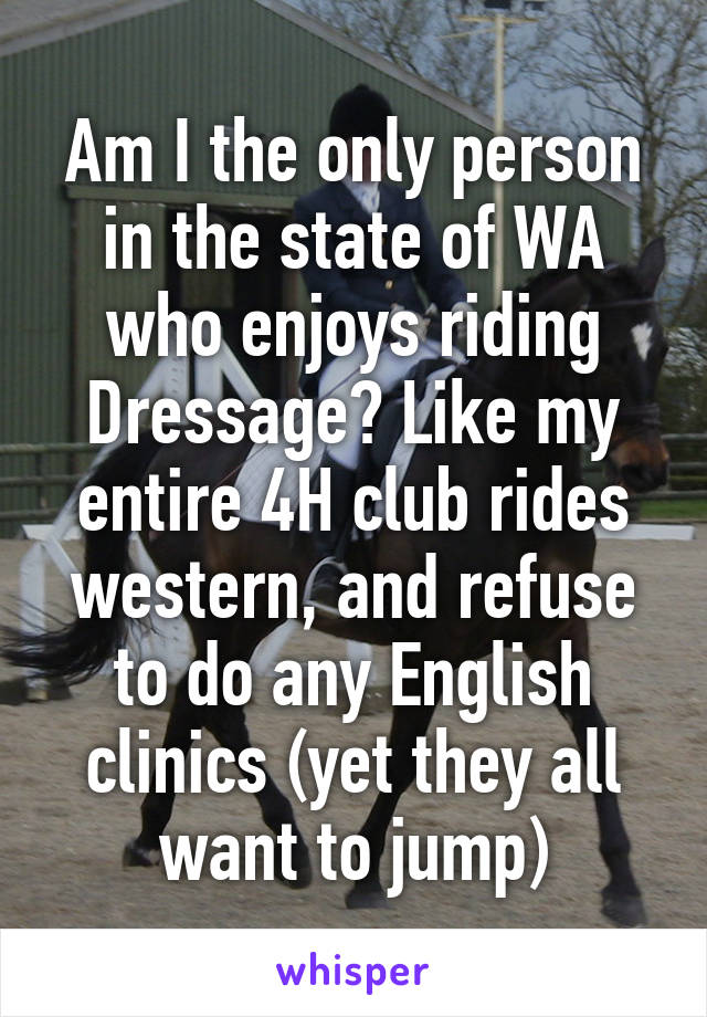 Am I the only person in the state of WA who enjoys riding Dressage? Like my entire 4H club rides western, and refuse to do any English clinics (yet they all want to jump)