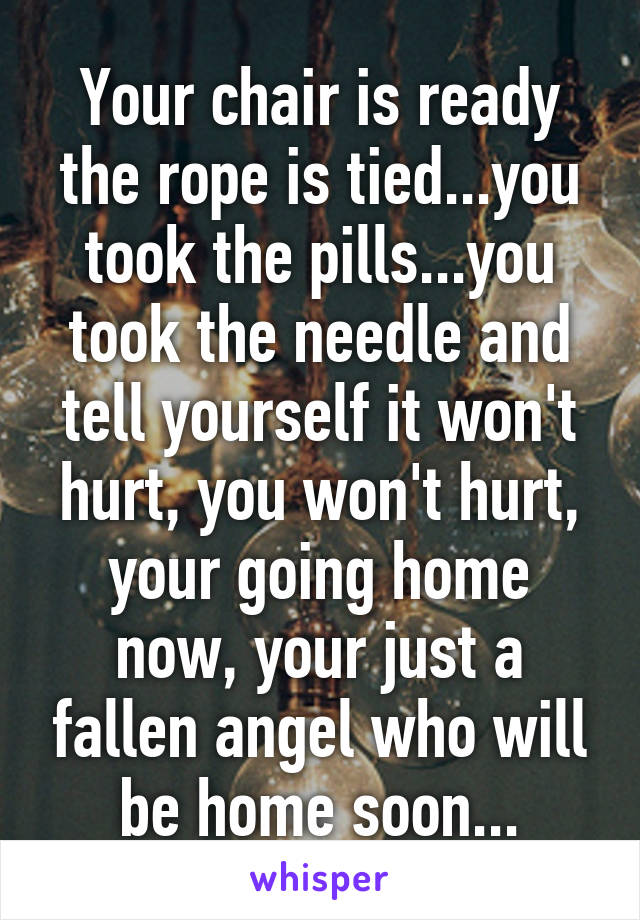 Your chair is ready the rope is tied...you took the pills...you took the needle and tell yourself it won't hurt, you won't hurt, your going home now, your just a fallen angel who will be home soon...