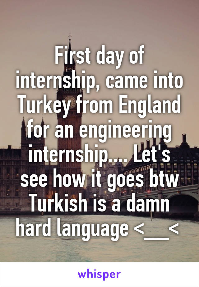 First day of internship, came into Turkey from England for an engineering internship.... Let's see how it goes btw Turkish is a damn hard language <__< 