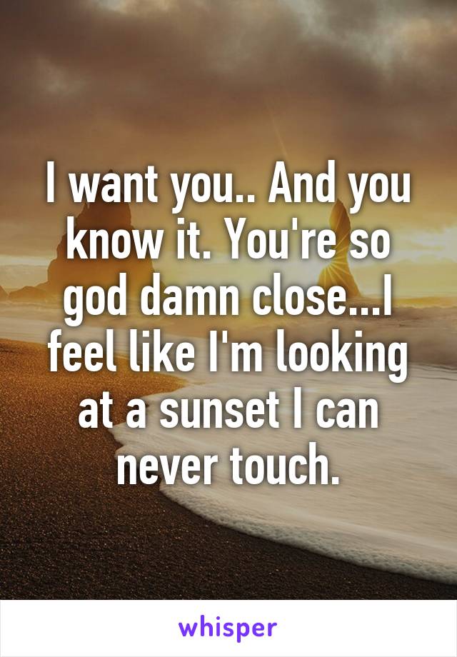 I want you.. And you know it. You're so god damn close...I feel like I'm looking at a sunset I can never touch.